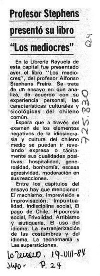 Profesor Stephens presentó su libro "Los Mediocres".