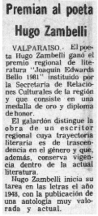 Premian al poeta Hugo Zambelli.