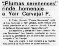 "Pluma serenenses" rinde homenaje a Yair Carvajal F.