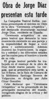 Obra de Jorge Díaz presentan esta tarde.