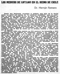 Los médicos de antaño en el reino de Chile