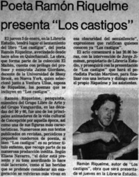 Poeta Ramón Riquelme presenta "Los Castigos".