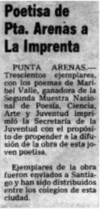 Poetisa de Pta. Arenas a la imprenta.