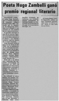 Poeta Hugo Zambelli ganó premio regional literario.