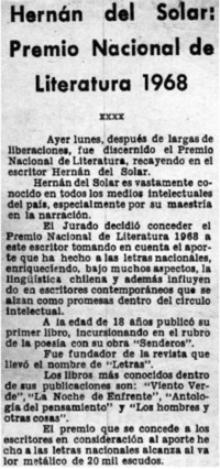 Hernán del Solar: Premio Nacional de Literatura 1968.
