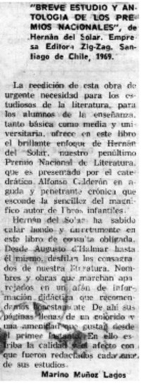 "Breve estudio y antología de los Premio Nacionales"