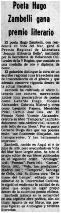 Poeta Hugo Zambelli gana premio literario.