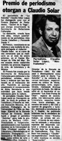 Premio de periodismo otorgan a Claudio Solar.