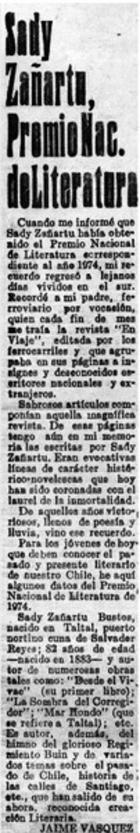 Sady Zañartu, premio nac. de literatura