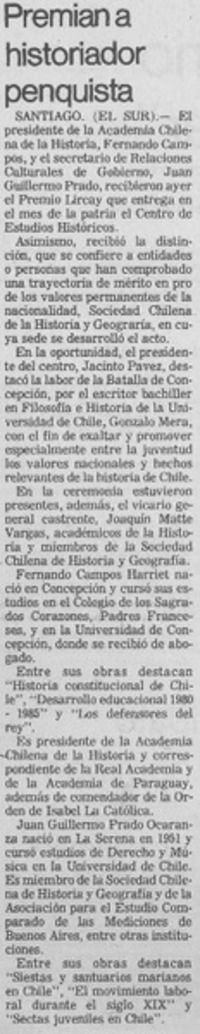 Premian a historiador penquista.