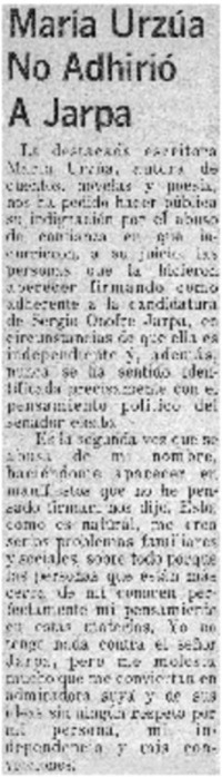 María Urzúa no adhirió a Jarpa.