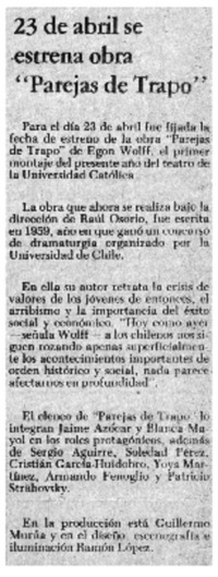 23 de abril se estrena obra "Parejas de Trapo".
