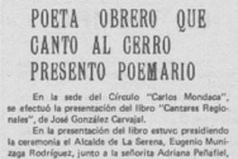 Poeta obrero que cantó al cerro presentó poemario.