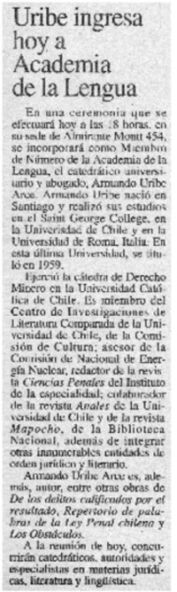 Uribe ingresa hoy a Academia de la Lengua.
