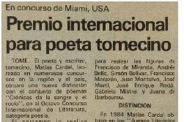 Premio internacional para poeta tomecino.