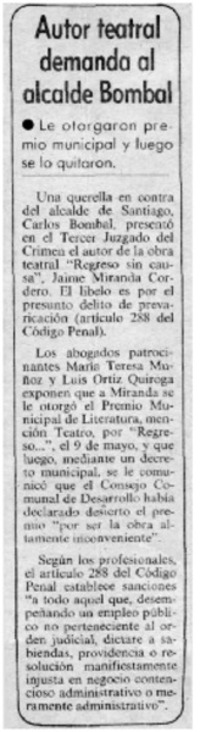 Autor teatral demanda al alcalde Bombal.