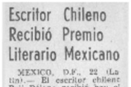 Escritor chileno recibió Premio Literario Mexicano.