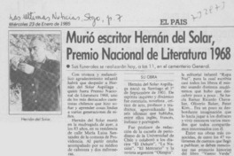 Murió escritor Hernán del Solar, Premio Nacional de Literatura 1968.