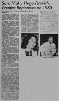 Sara Vial y Hugo Pirovich, premios regionales de 1985.