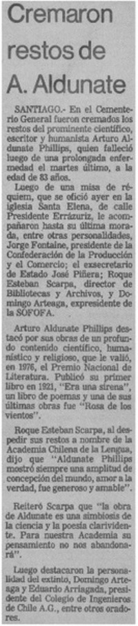 Cremaron restos de A. Aldunate.