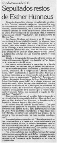 Sepultados restos de Esther Hunneus.