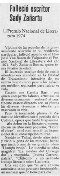 Falleció escritor Sady Zañartu.