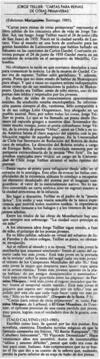 Jorge Teillier, "Cartas para reinas de otras primaveras"