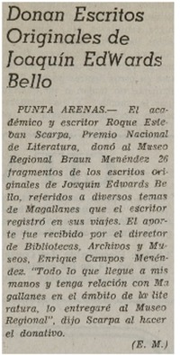 Donan escritos originales de Joaquín Edwards Bello