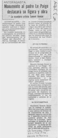 Monumento al padre Le Paige destacará su figura y obra.