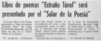 Libro de poemas "Extraño túnel" será presentado por el "Salar de la poesía".