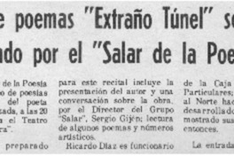 Libro de poemas "Extraño túnel" será presentado por el "Salar de la poesía".