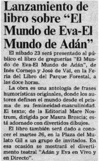 Lanzamiento de libro sobre "El Mundo de Eva-El Mundo de Adán".