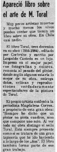 Apareció libro sobre el arte de M. Toral.