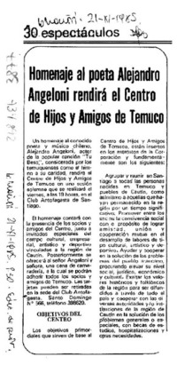 Homenaje al poeta Alejandro Angeloni rendirá el Centro de Hijos y Amigos de Temuco.