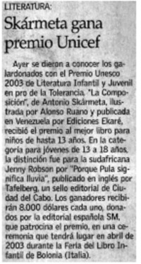 Skármeta gana premio Unicef.