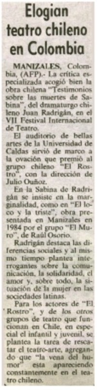 Elogian teatro chileno en Colombia.