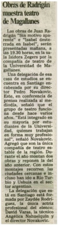 Obras de Radrigán muestra teatro de Magallanes.