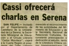 Cassi ofrecerá charlas en Serena.