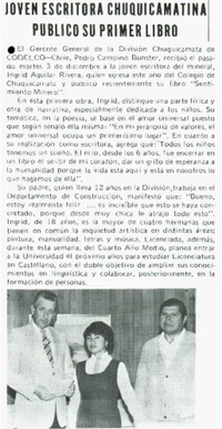 Joven escritora chuquicamatina publicó su primer libro.