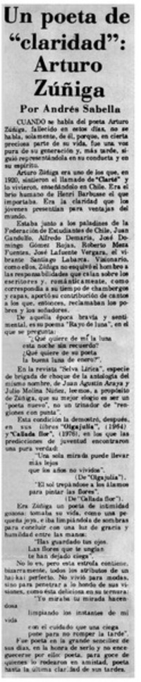 Un poeta de "claridad": Arturo Zúñiga