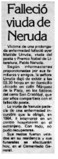 Falleció viuda de Neruda