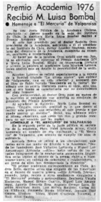 Premio Academia 1976 recibió M. Luisa Bombal