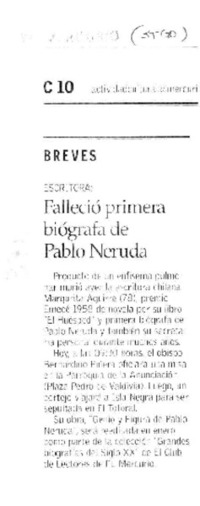 Falleció primera biógrafa de Pablo Neruda.