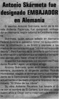 Antonio Skármeta fue designado embajador en Alemania.