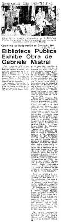 Biblioteca pública exhibe obra de Gabriela Mistral
