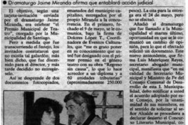 Autor de "Regreso sin causa" reclama premio municipal.