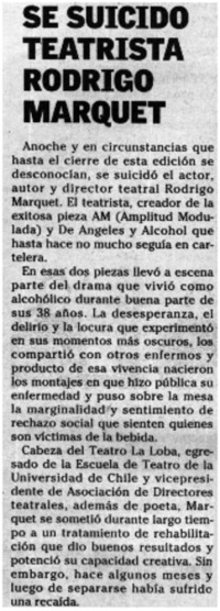 Se suicido teatrista Rodrigo Marquet