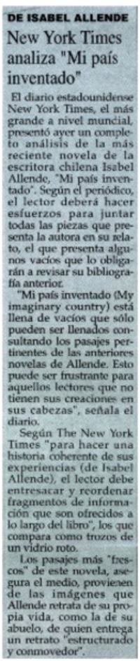 New York Times analiza "Mi país inventado"