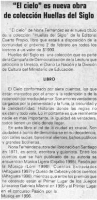 "El cielo es nueva obra de colección Huellas del Siglo"