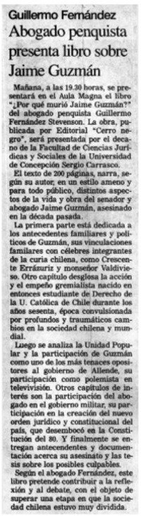 Abogado penquista presenta libro sobre Jaime Guzmán
